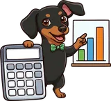 Bachi pointing at a bar chart, next to a big calculator
