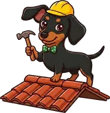 Bachi in a hard hat, standing on a roof with a hammer